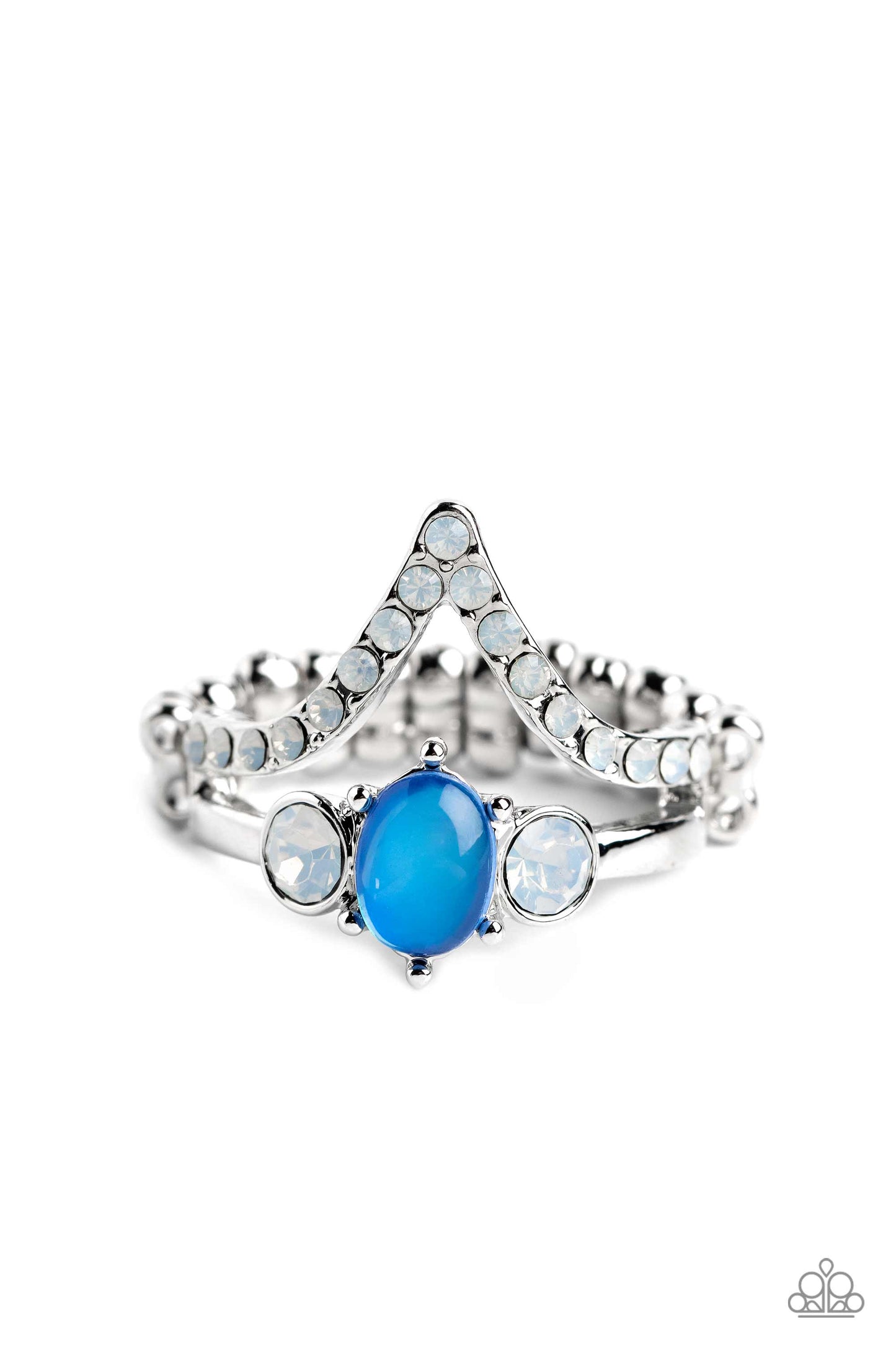 Chevron Celebrity - Blue & Opalescent White Gems/ V-Shape Frame Paparazzi Ring