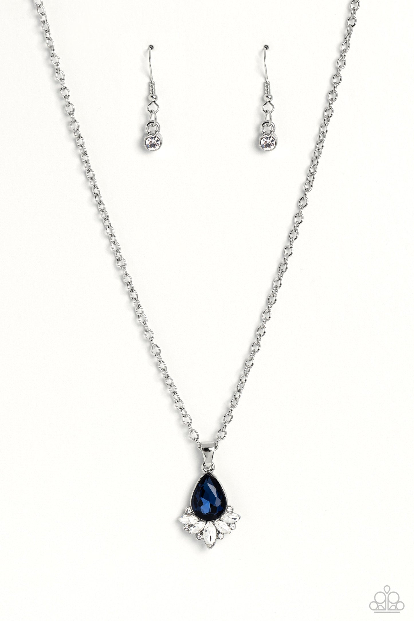 Fancy Fringe - Blue Teardrop Gem/White Gems Pendant Paparazzi Necklace & matching earrings