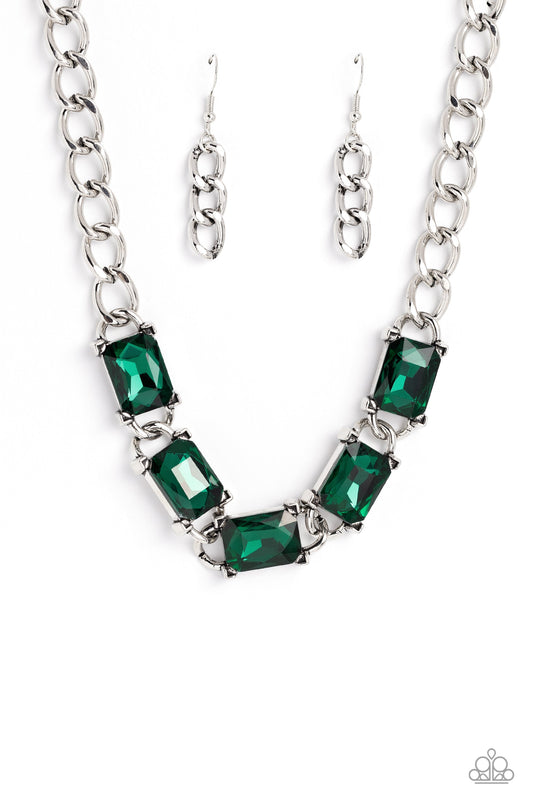 Radiating Review - Green Radiant-Cut Gems/Thick Silver Chain Paparazzi Necklace & matching earrings