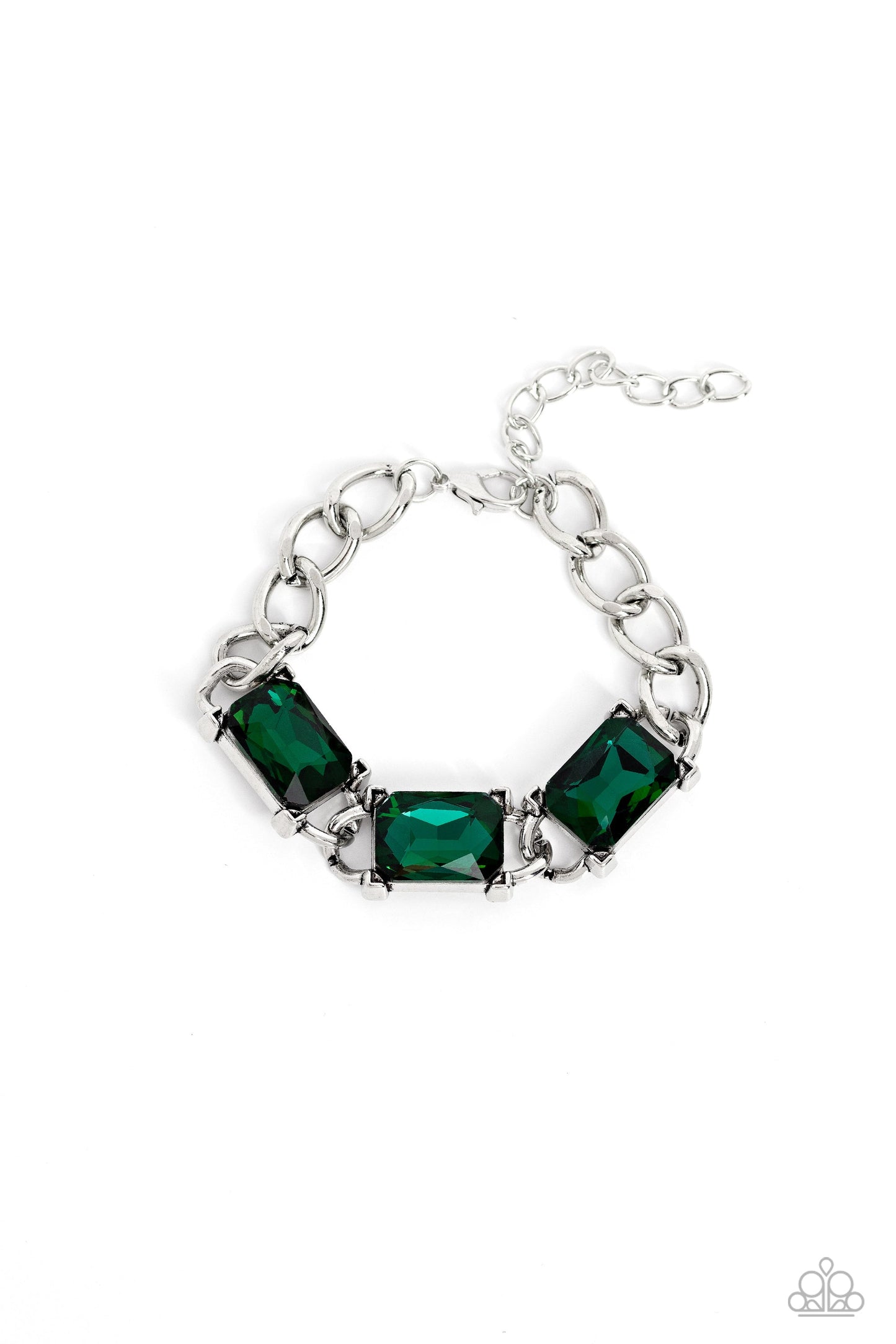 Dazzling Debut - Green Radiant-Cut Gems/Thick Silver Chain Paparazzi Adjustable Bracelet
