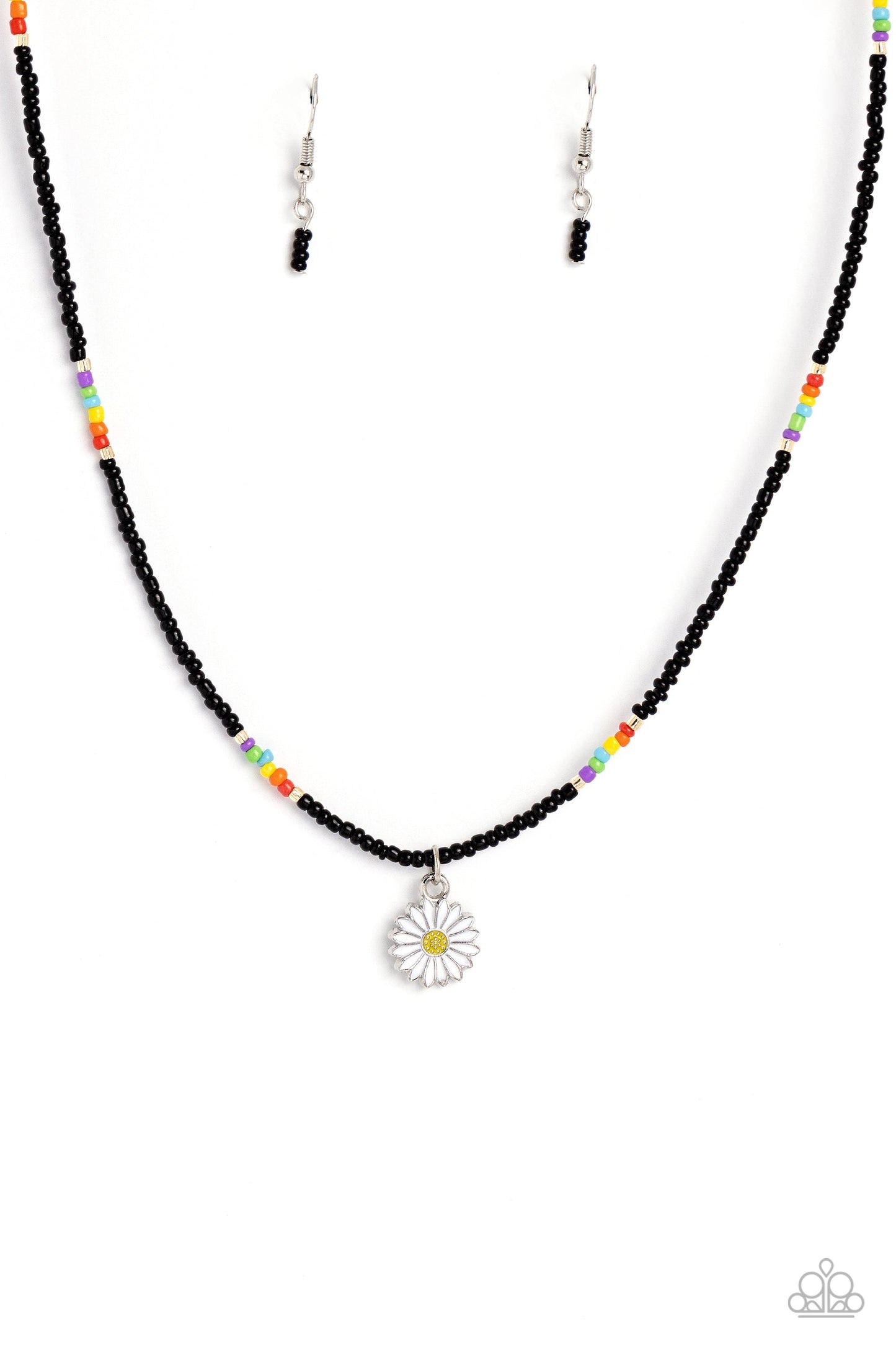 Charming Chance - Black/Multicolored Seed Beads/White Daisy Charm Necklace & matching earrings