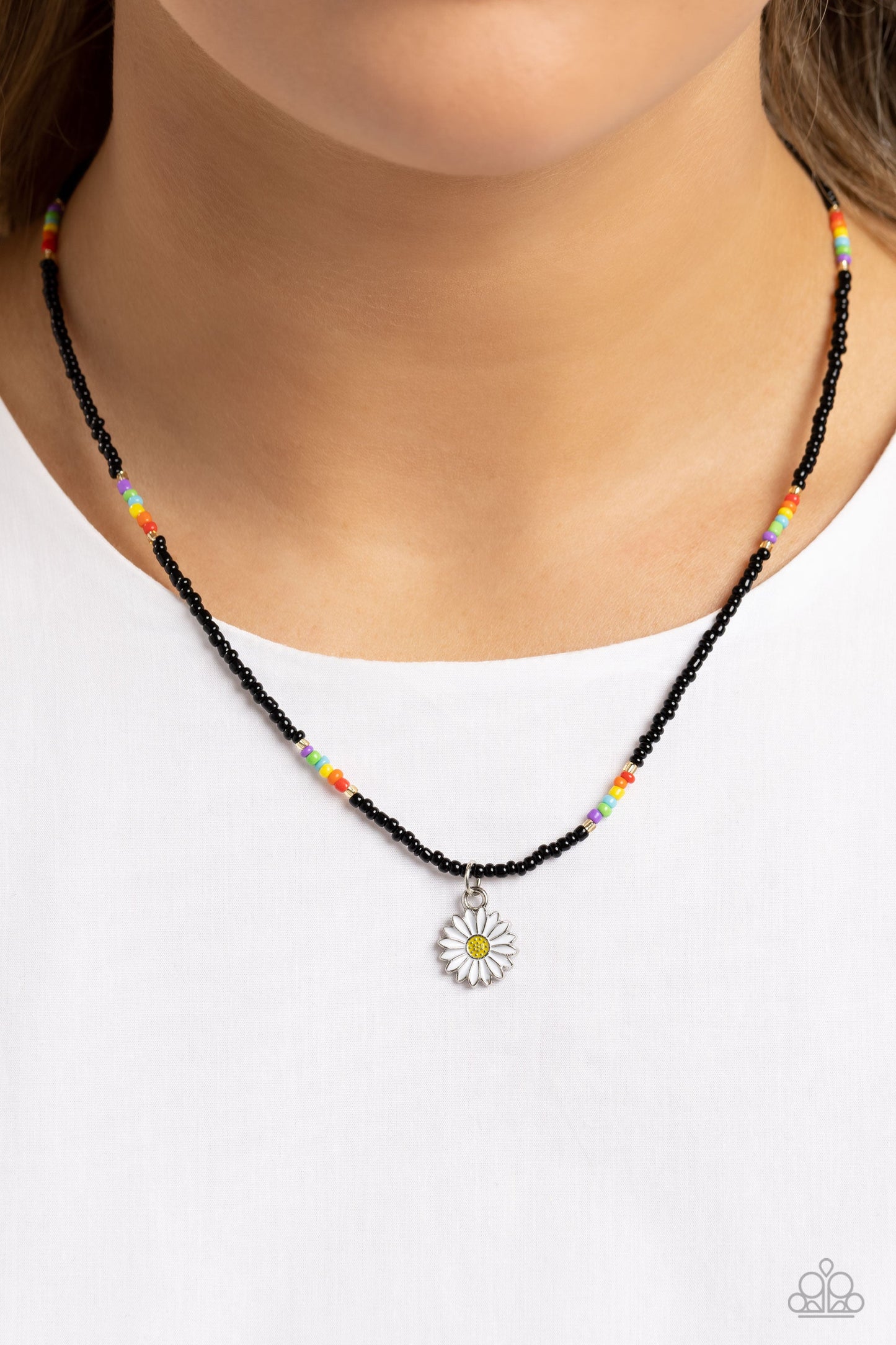 Charming Chance - Black/Multicolored Seed Beads/White Daisy Charm Necklace & matching earrings