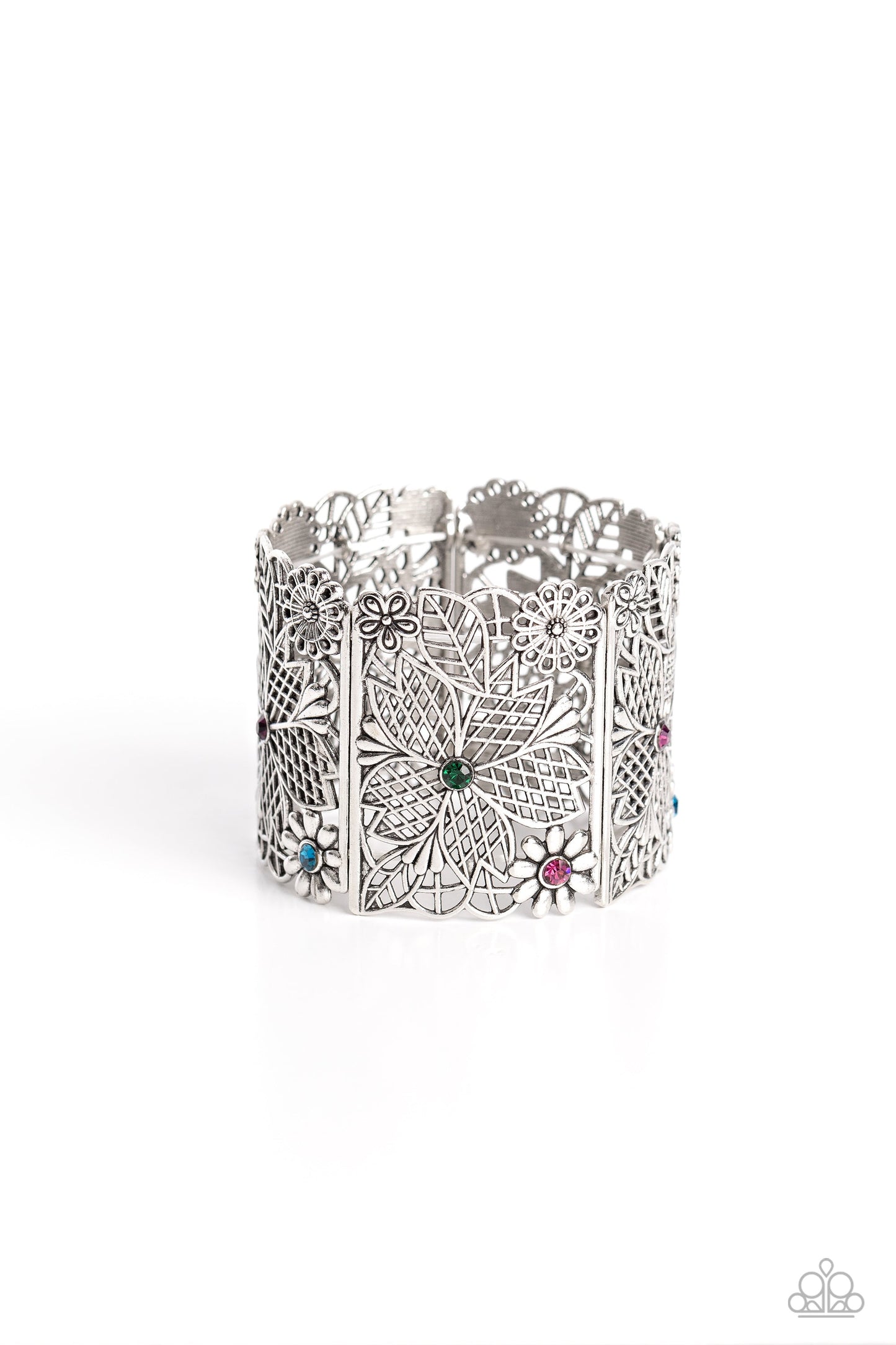 Garden City - Multi Colored Rhinestones & Floral Filigree Silver Frame Paparazzi Stretch Bracelet