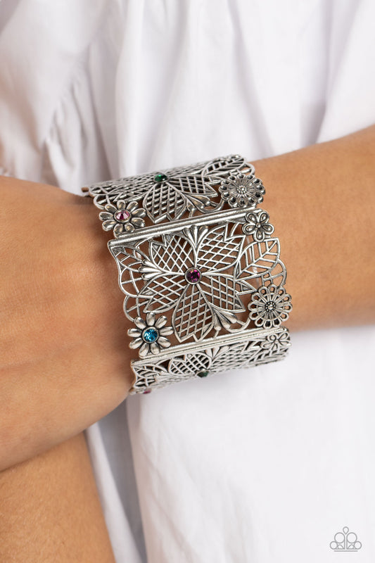 Garden City - Multi Colored Rhinestones & Floral Filigree Silver Frame Paparazzi Stretch Bracelet