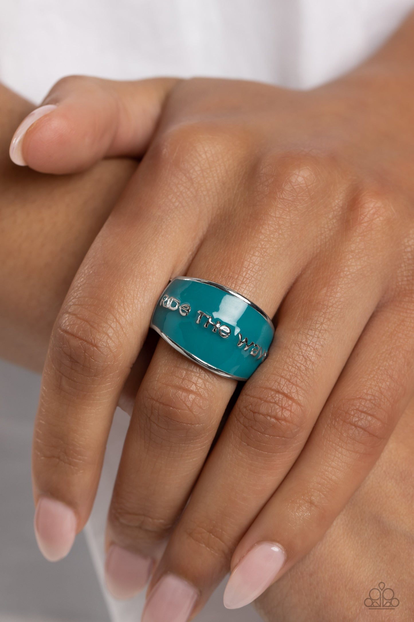 West Coast Waves - Blue Paint & Silver "ride the wave" Stamped Paparazzi Ring