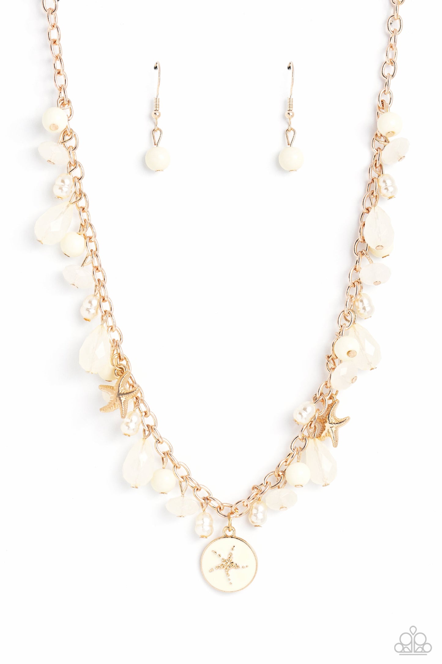 Surfer Serenade - Gold Starfish Charms/Ivory Beads/White Pearls Paparazzi Necklace & matching earrings