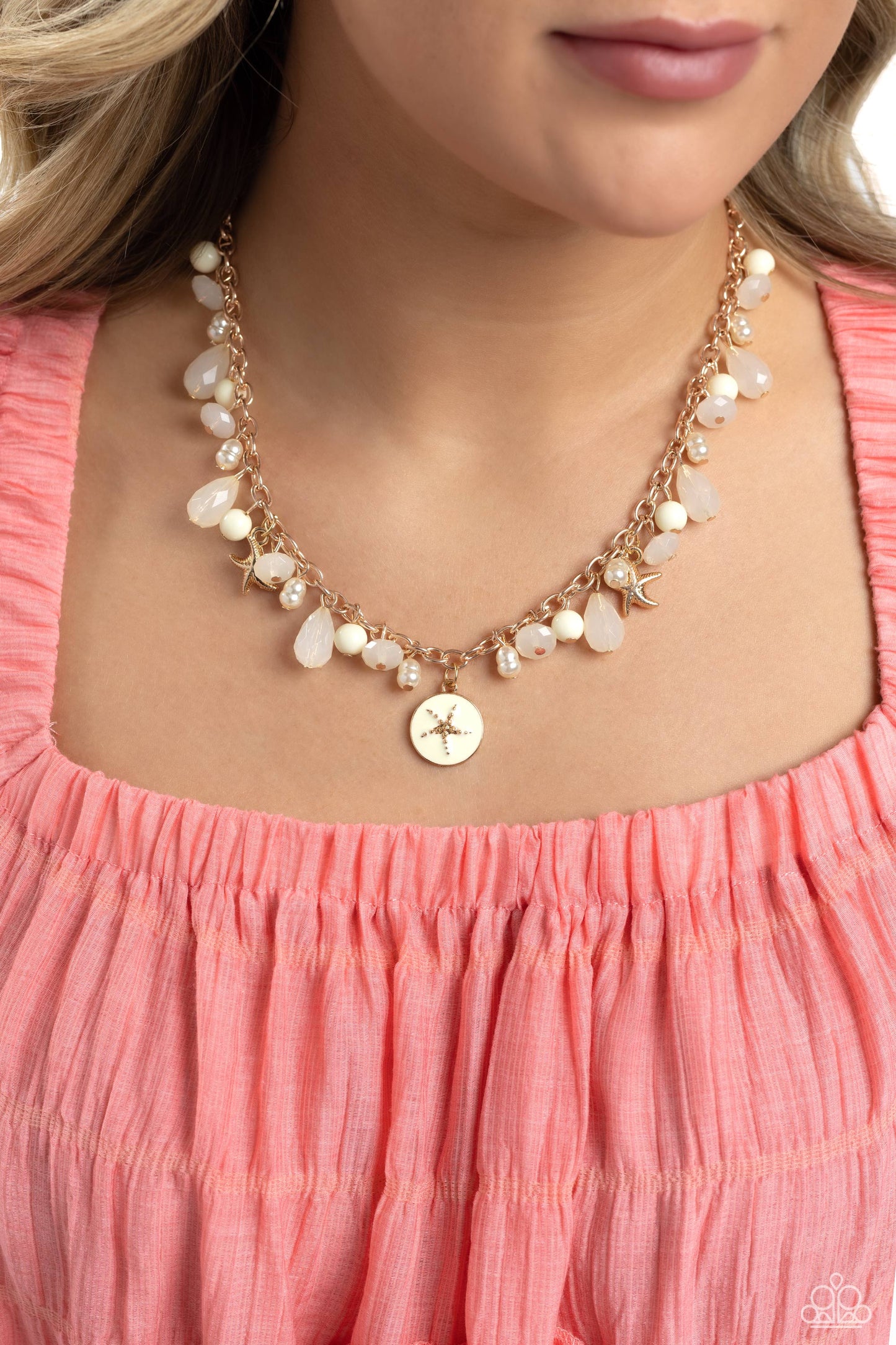 Surfer Serenade - Gold Starfish Charms/Ivory Beads/White Pearls Paparazzi Necklace & matching earrings