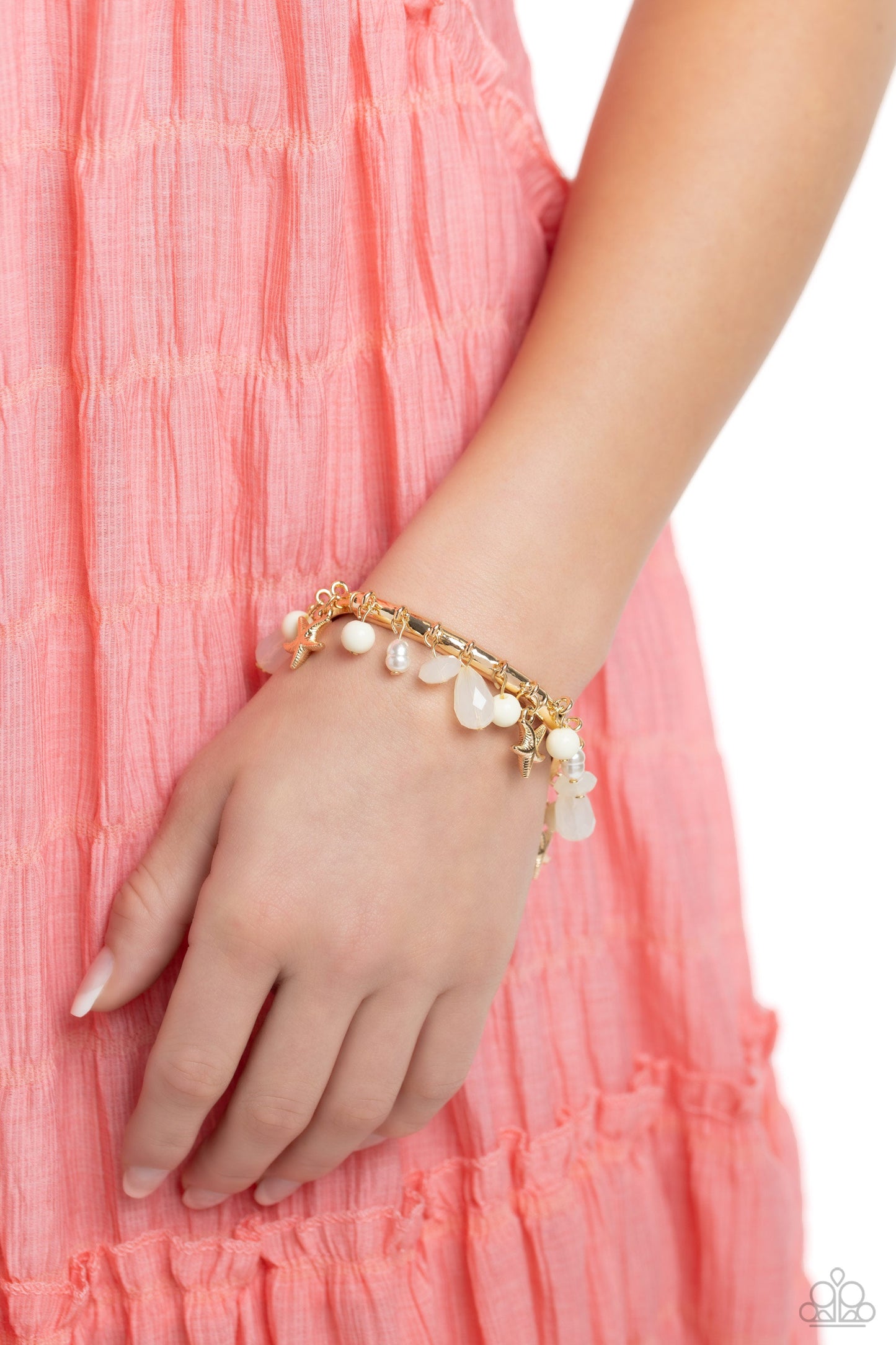 Surfer Shanty - Gold Starfish Charms/Ivory Beads/White Pearl Paparazzi Stretch Bracelet