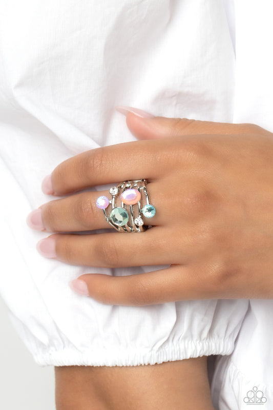 Timeless Trickle - Blue, White, & Peach Rhinestone Paparazzi Ring