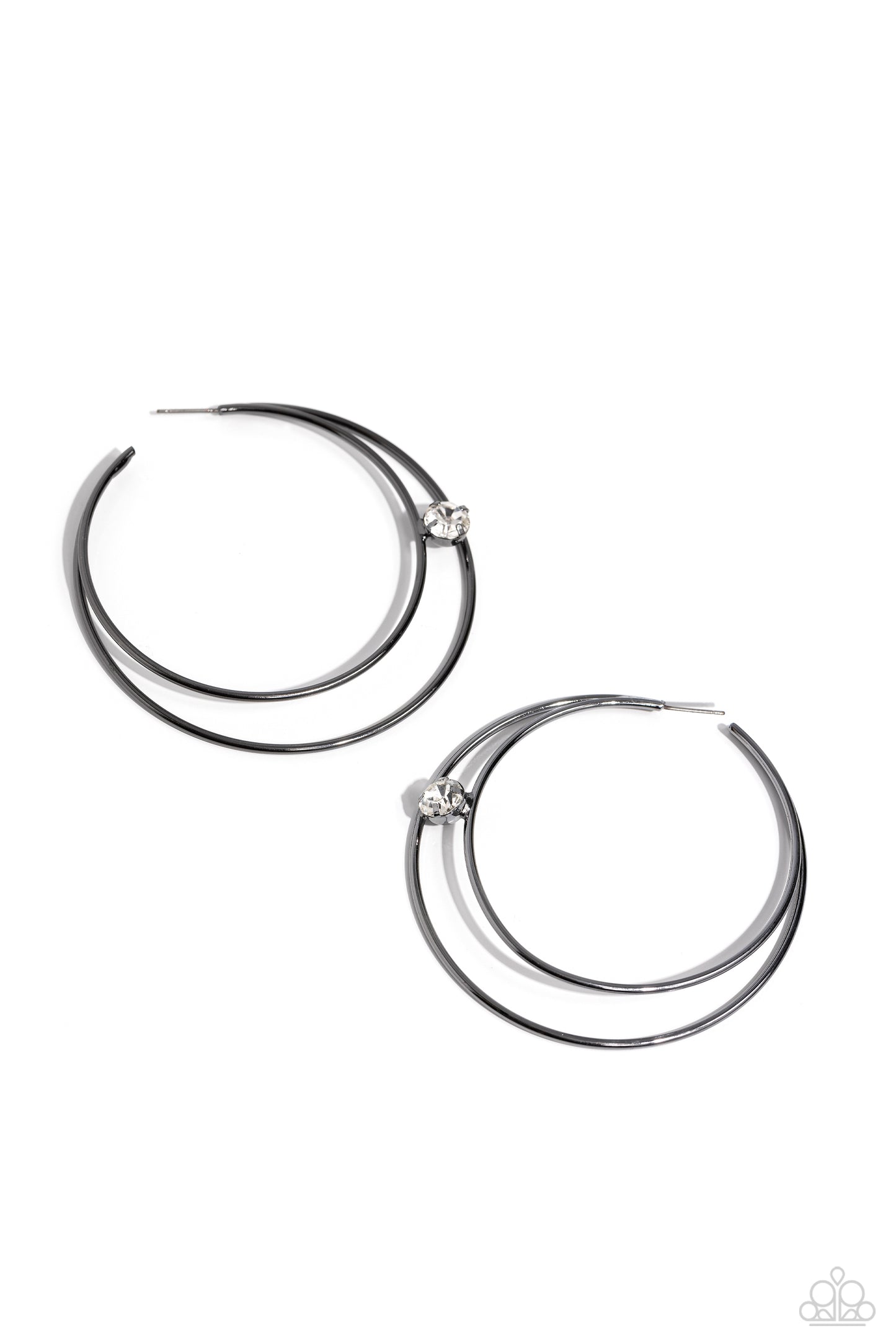 Theater HOOP - Gunmetal Crescent Frames/White Rhinestone Paparazzi Hoop Earrings
