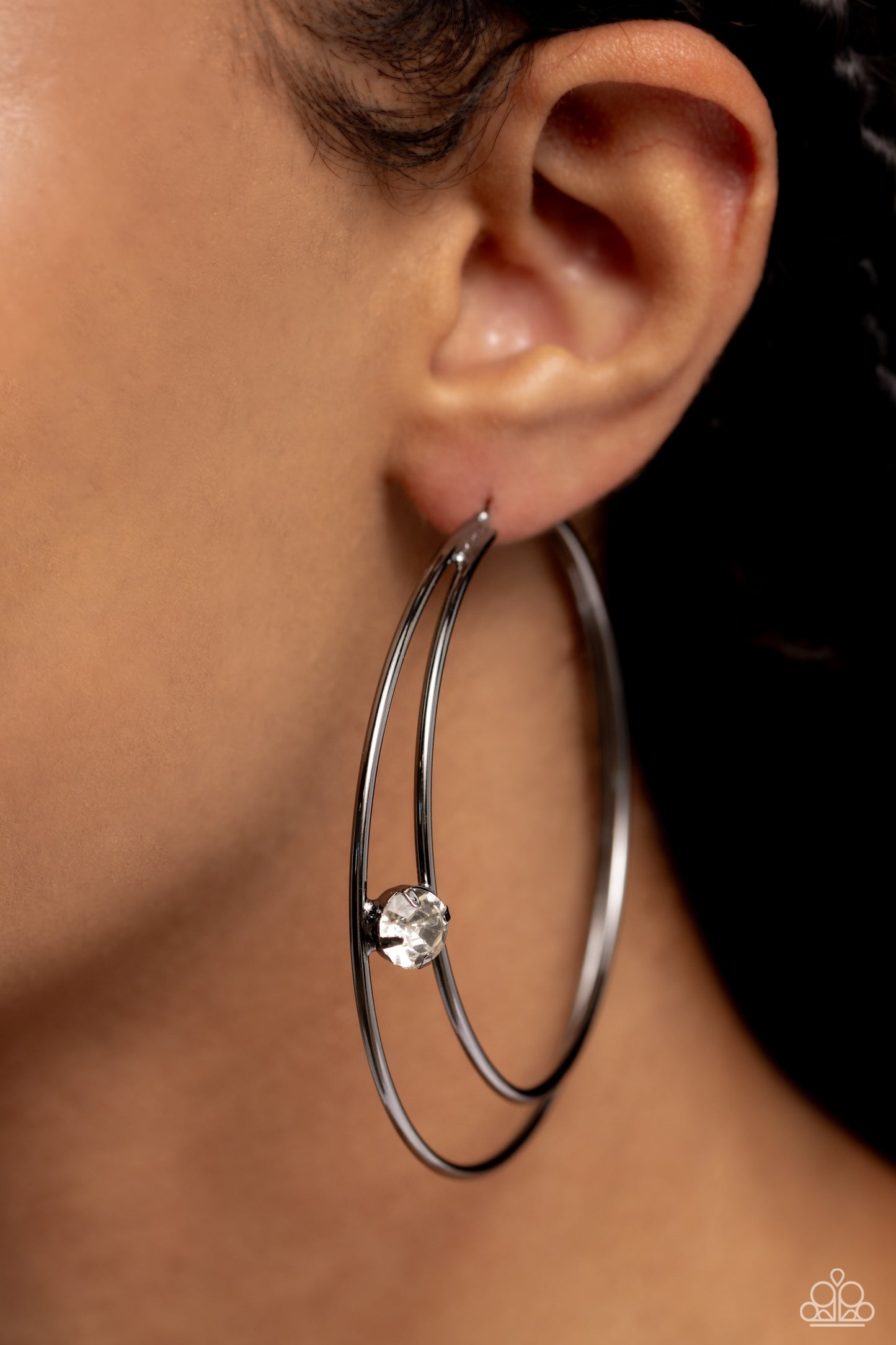 Theater HOOP - Gunmetal Crescent Frames/White Rhinestone Paparazzi Hoop Earrings