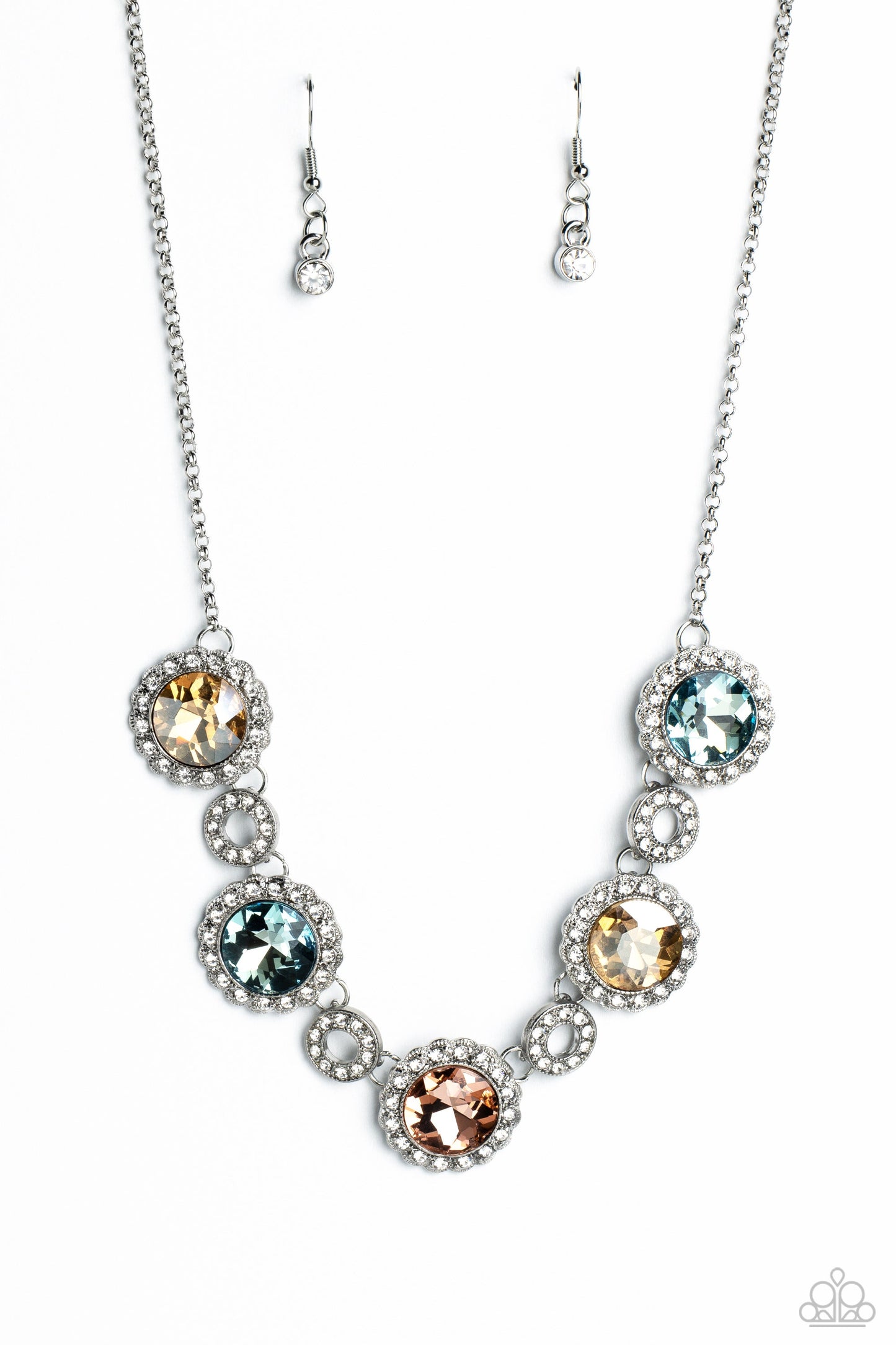 Gorgeous Gems - Multi Colored Gems/Dainty White Rhinestone Paparazzi Necklace & matching earrings
