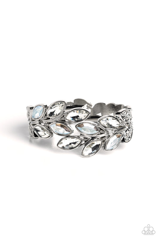 Luminous Laurels - White Marquise-Cut Gems/Silver leafy Filigree Paparazzi Cuff Bracelet