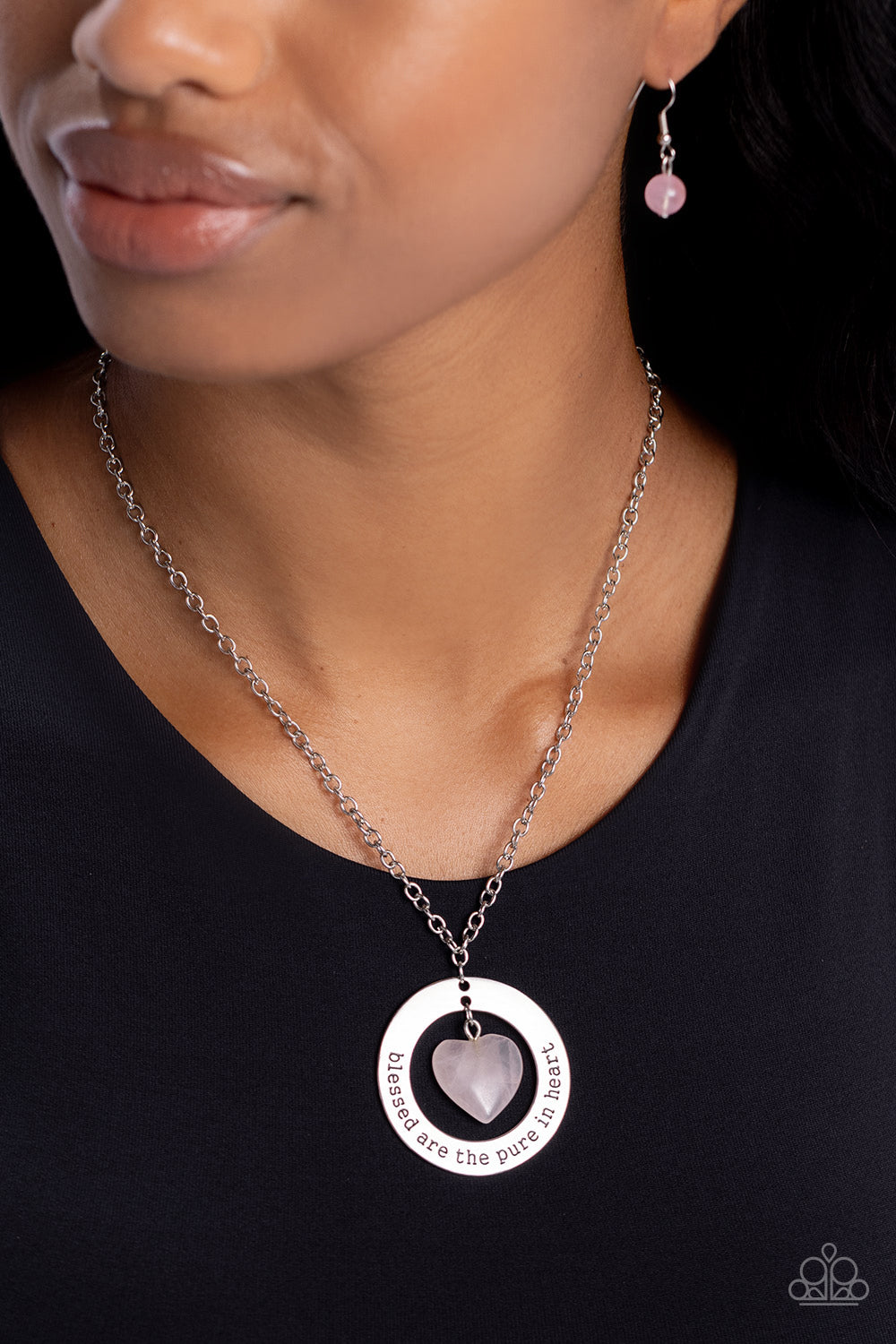 Beatitude Boho - Pink Stone Heart/Oversized Silver Loop Pendant Paparazzi Necklace & matching earrings