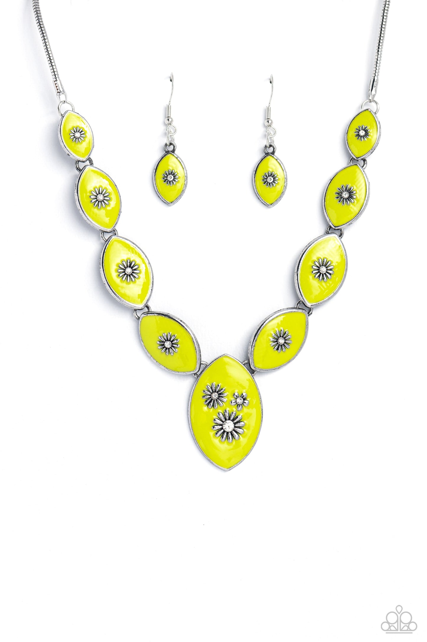 Pressed Flowers - Green Painted Marquise-Shaped Frames/Silver Flower Paparazzi Necklace & matching earrings