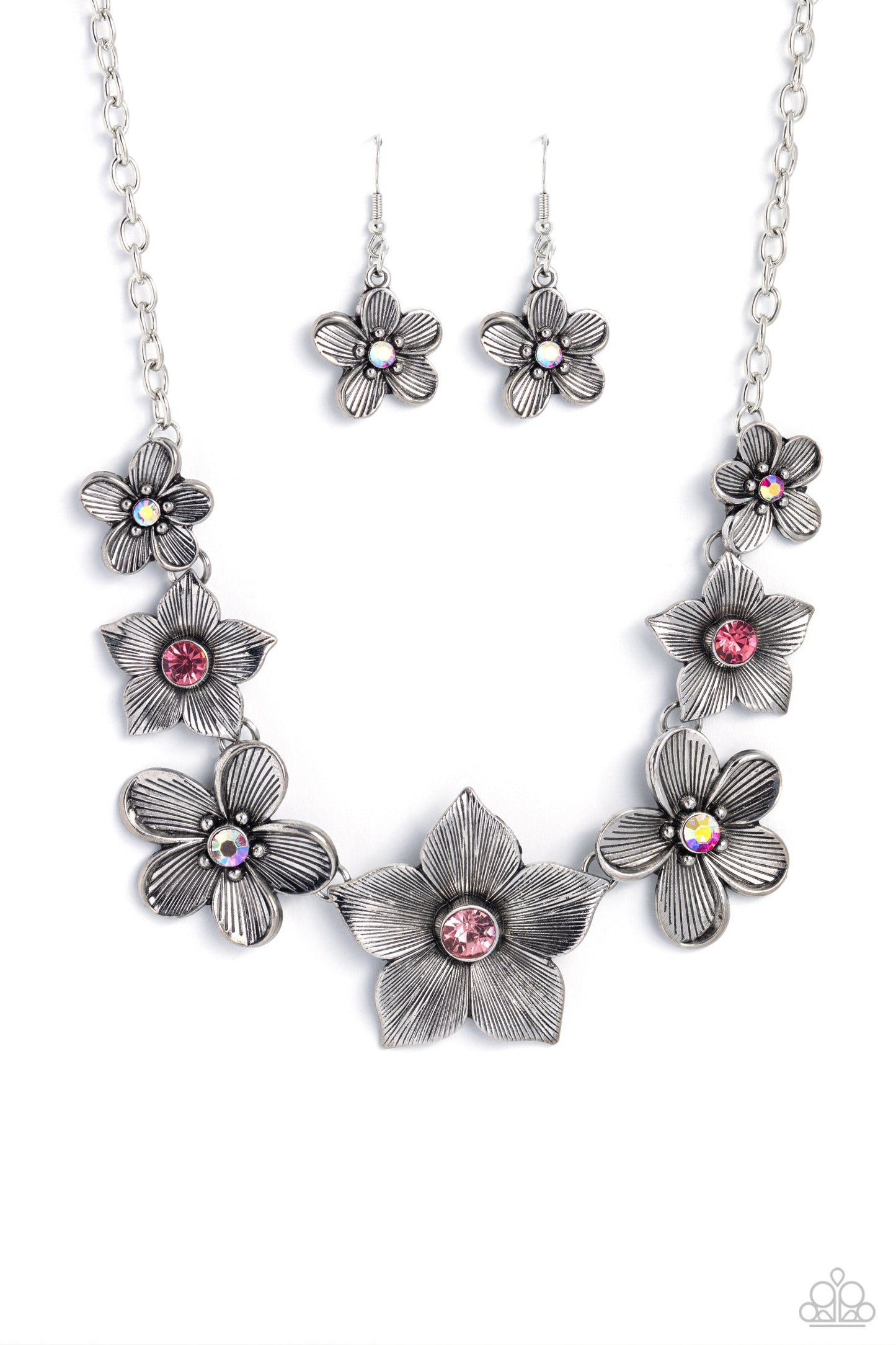Free FLORAL - Pink Iridescent Gem/Tactile Silver Flowers Paparazzi Necklace & matching earrings