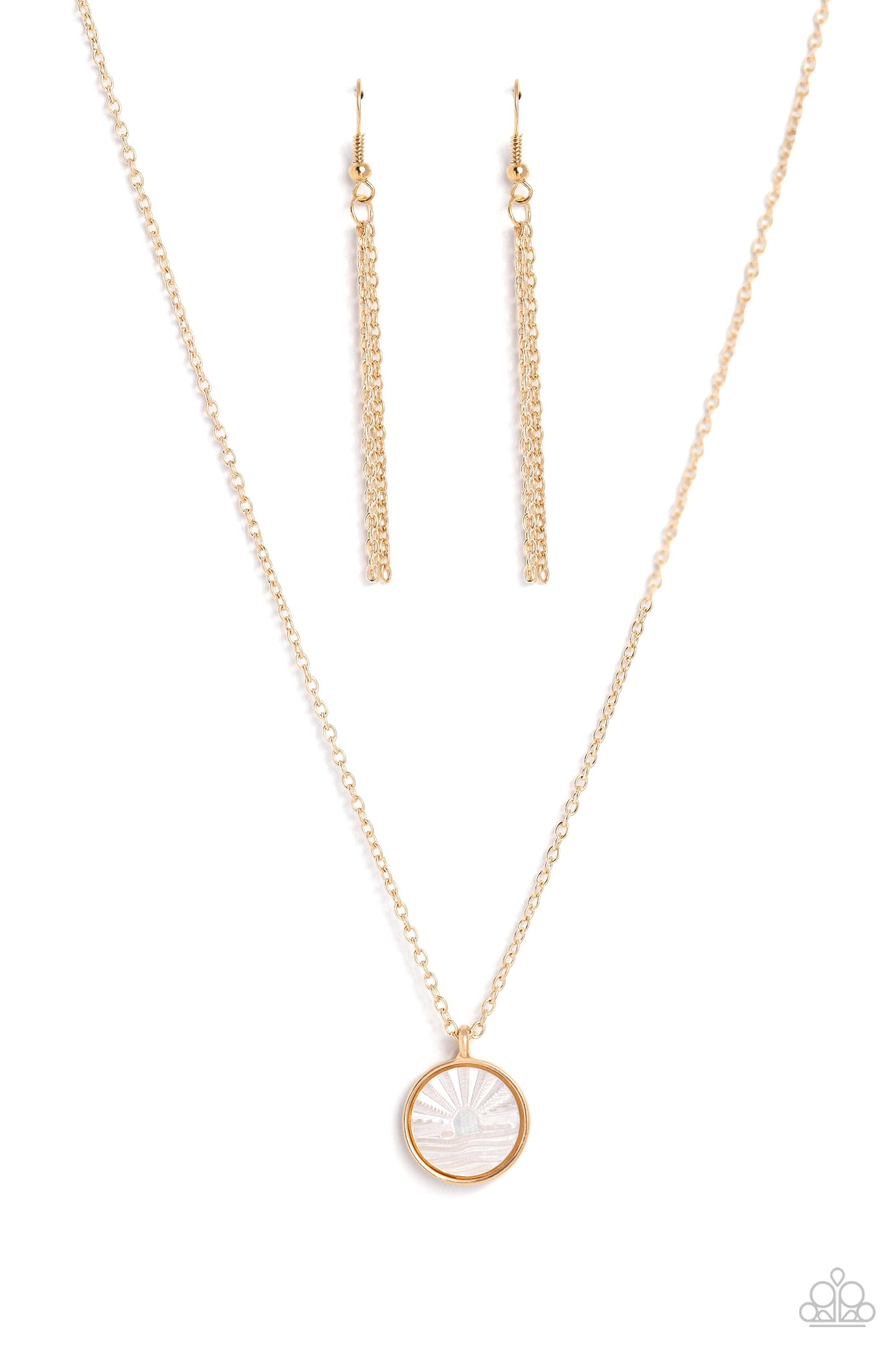 Seize the Sunset - Gold Frame/White Shell-Like Disc Pendant Paparazzi Necklace & matching earrings