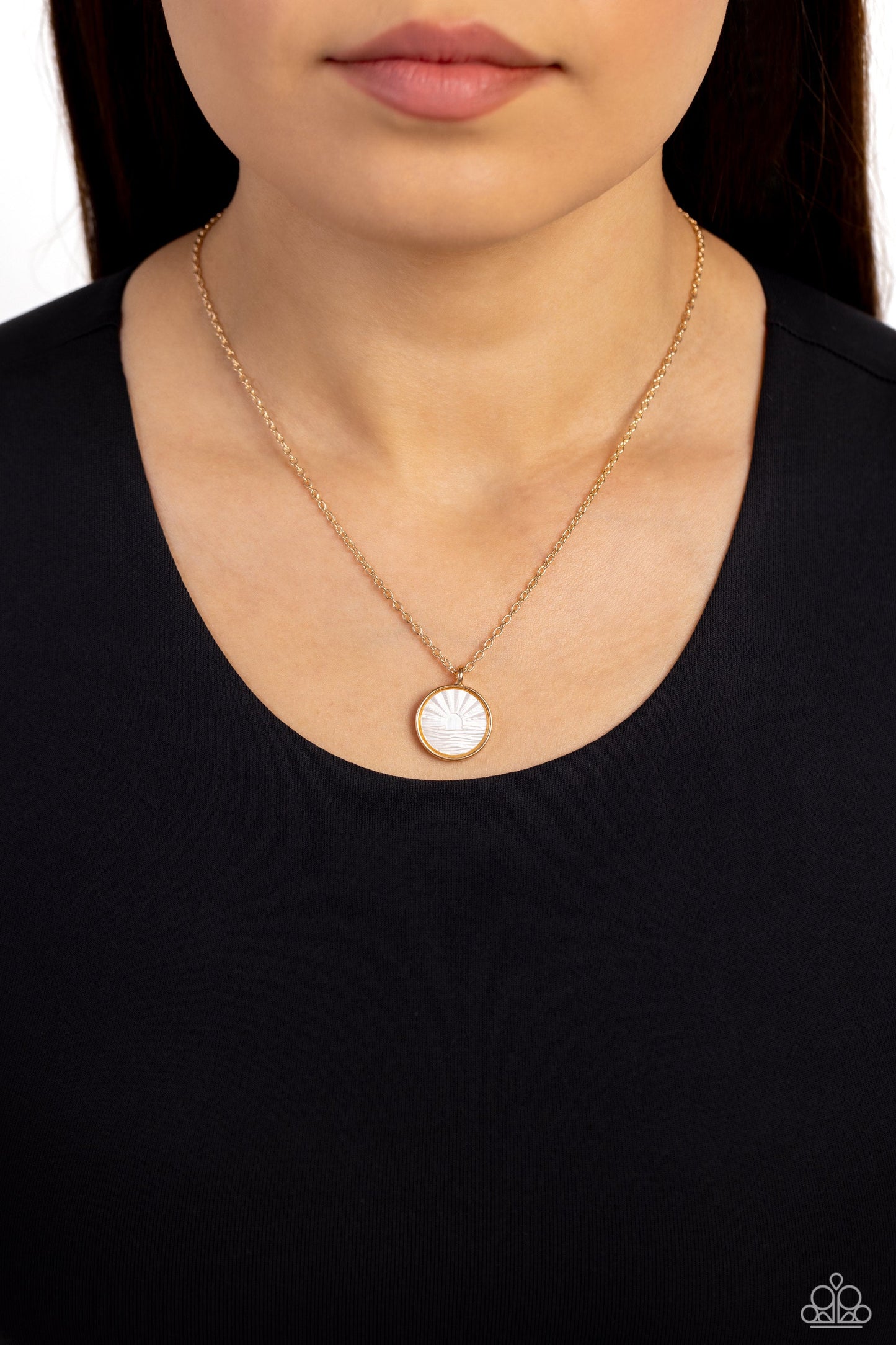 Seize the Sunset - Gold Frame/White Shell-Like Disc Pendant Paparazzi Necklace & matching earrings