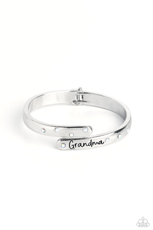 Gorgeous Grandma - White Pearl, Iridescent Rhinestone, Etched "Grandma" Silver Hinge Bracelet