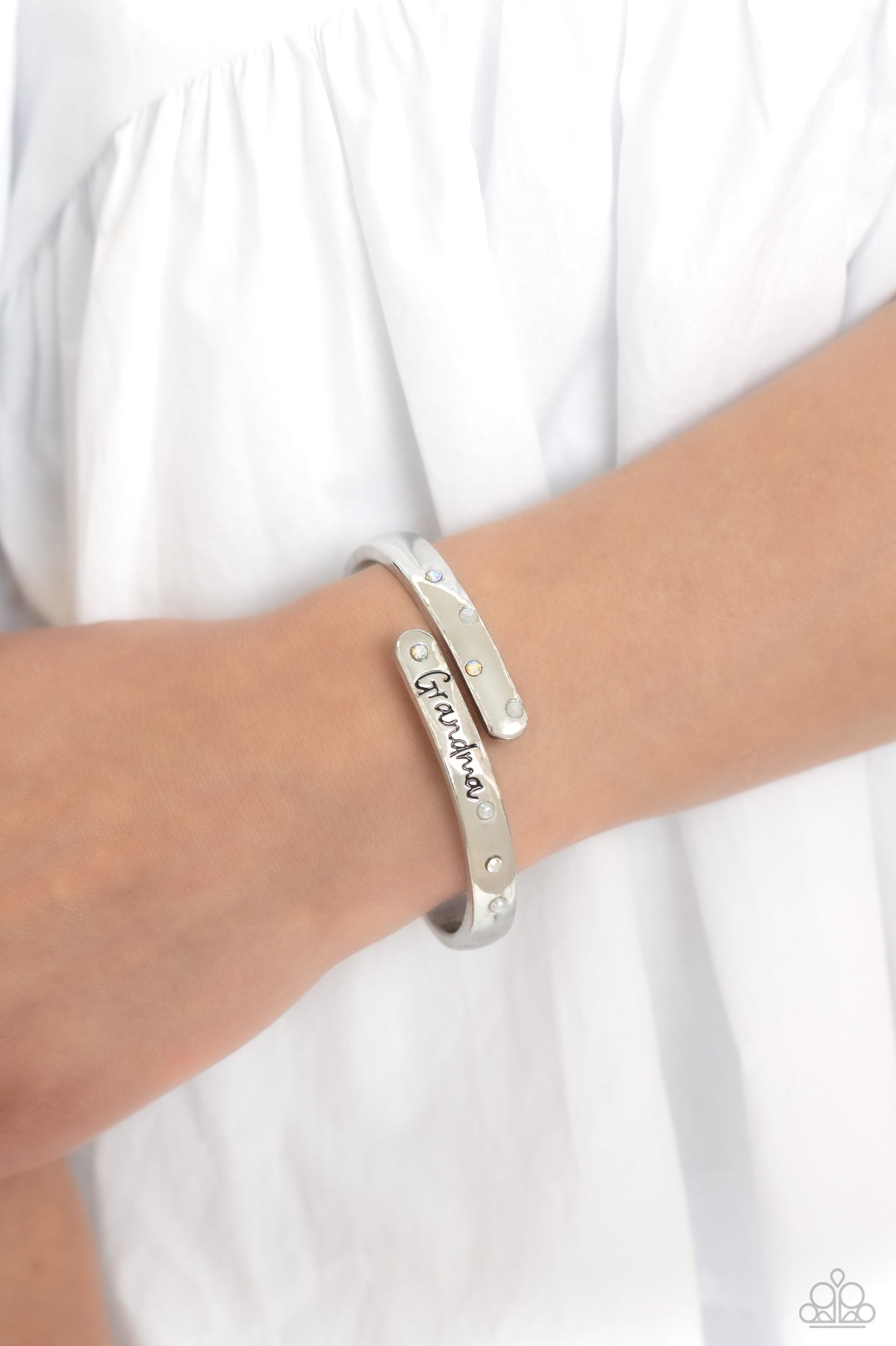 Gorgeous Grandma - White Pearl, Iridescent Rhinestone, Etched "Grandma" Silver Hinge Bracelet