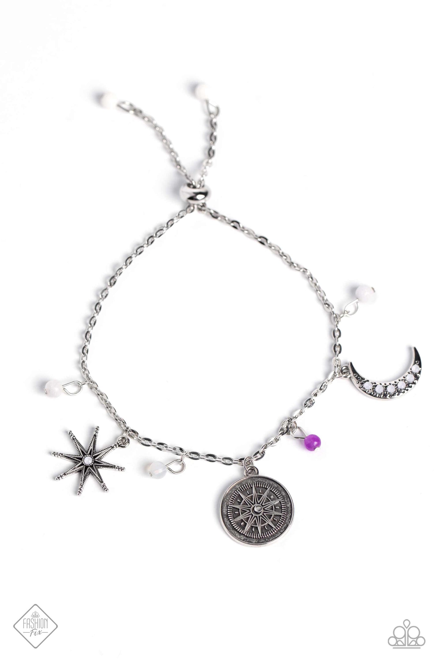 Talented Traveler - Purple & Opalescent Beads/Compass, Star & Moon Charms Paparazzi Adjustable Bracelet