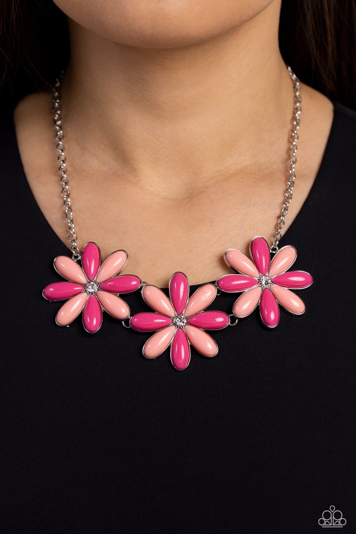 Bodacious Bouquet - Pink Bead Petals/White Rhinestone Centers Paparazzi Necklace & matching earrings