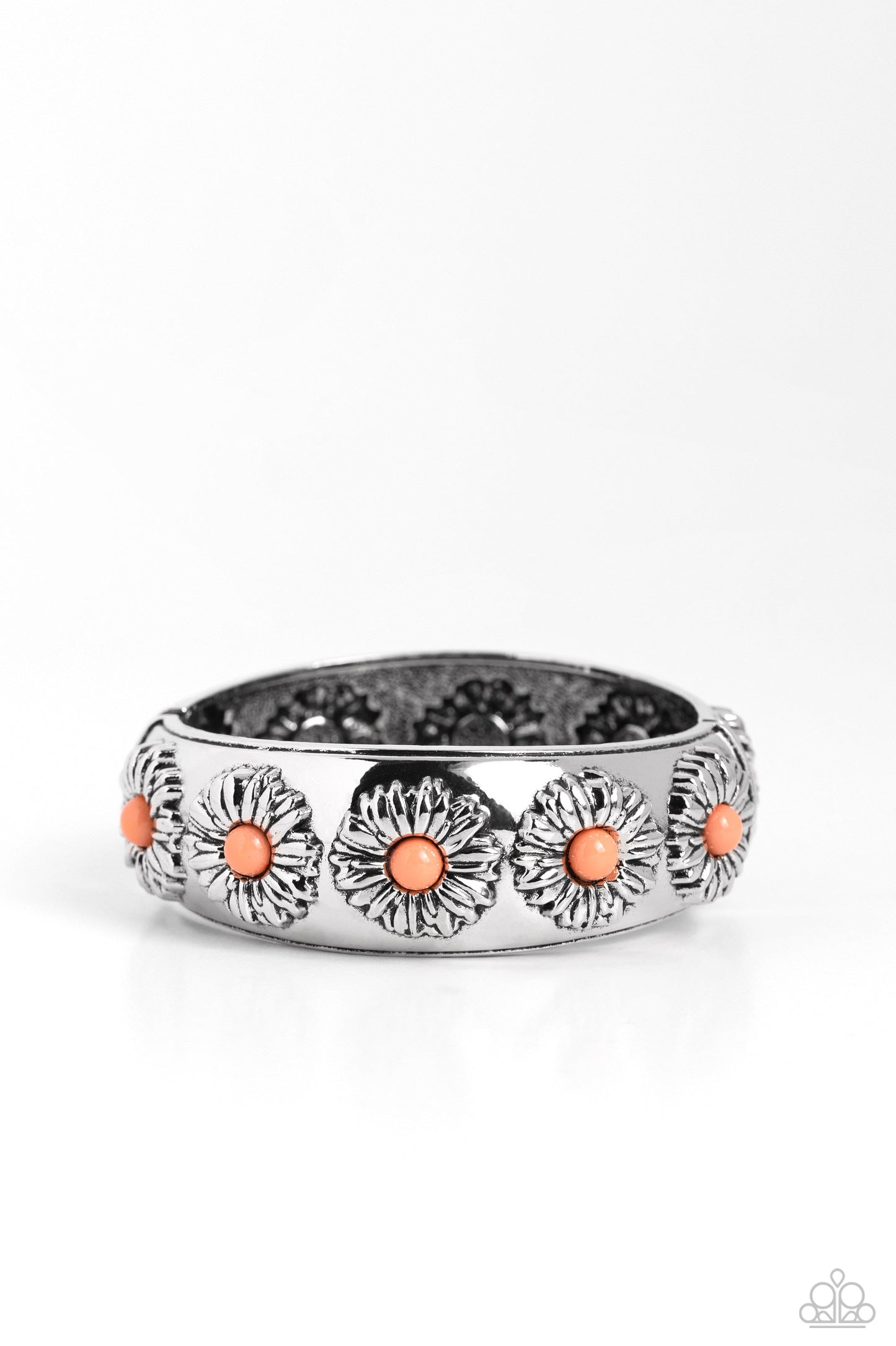 Taking FLORAL - Orange/Peach Beads & Sunflower Embossed Paparazzi Hinge Bracelet