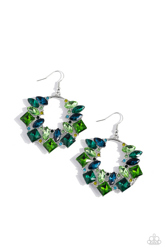 Wreathed in Watercolors - Green & Blue Rhinestone Encrusted Silver Wreath Paparazzi Earrings