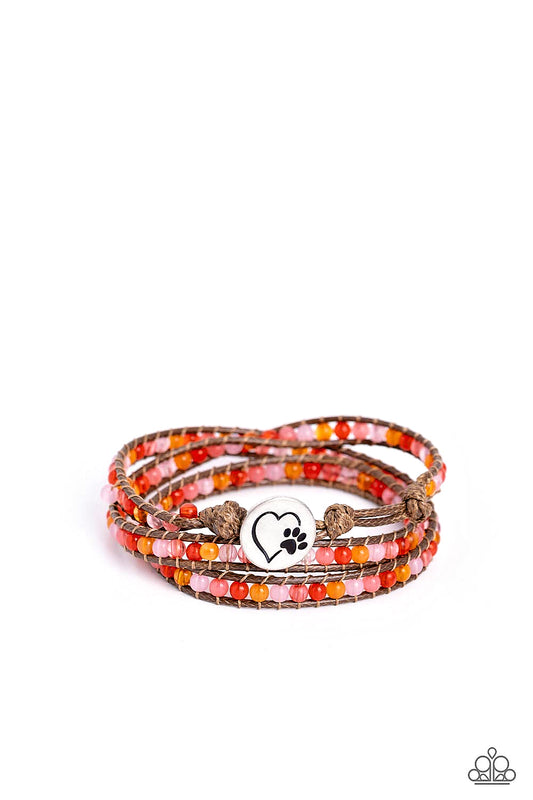 PAW-sitive Thinking - Orange, Pink Beads & Antiqued Heart Paw Print Button Paparazzi Urban Bracelet