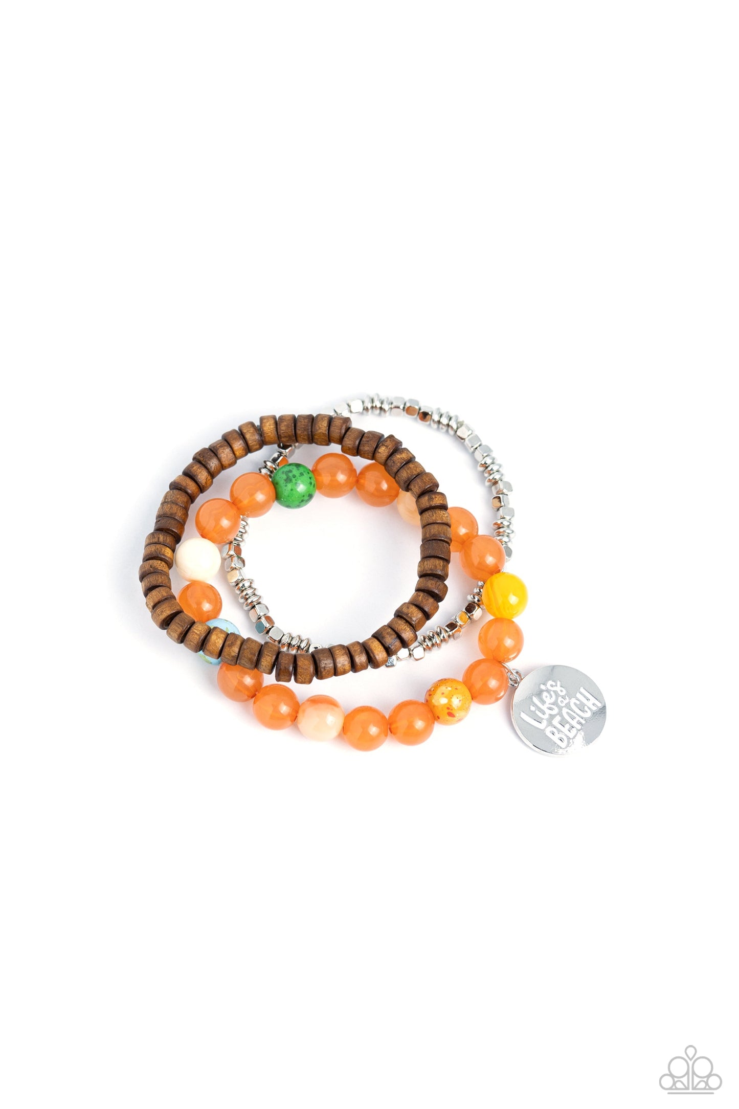 Lifes a Beach - Orange Acrylic, Wooden, & Silver Beads/"Life's a Beach" Stamped Pendant Paparazzi Bracelet