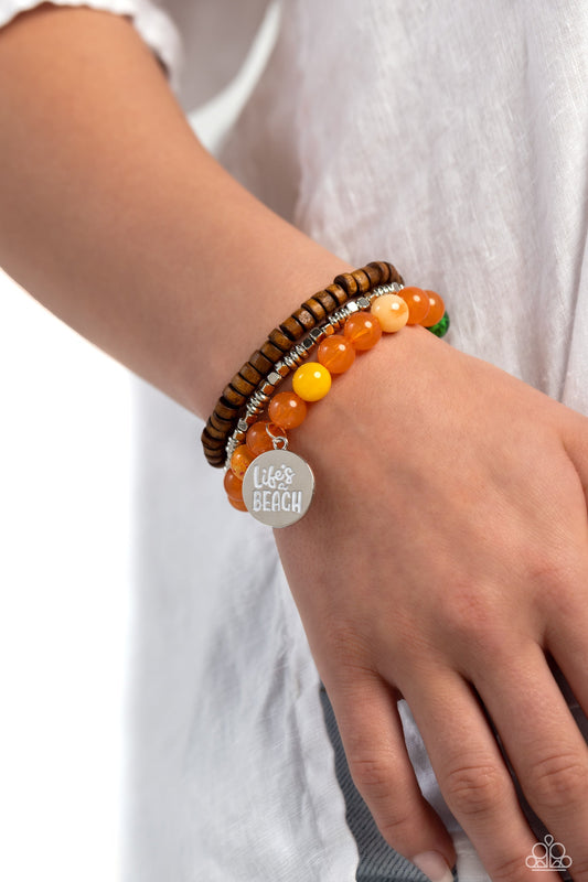 Lifes a Beach - Orange Acrylic, Wooden, & Silver Beads/"Life's a Beach" Stamped Pendant Paparazzi Bracelet