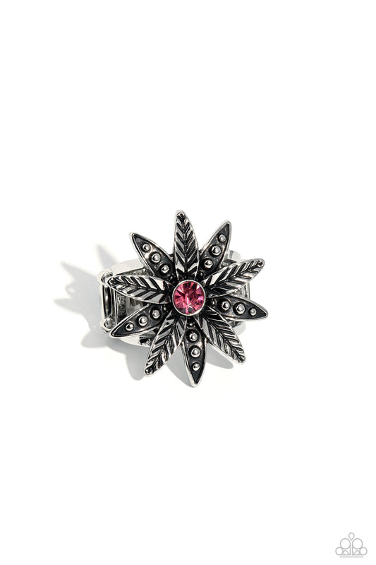 Sunflower Season - Pink Gem Center/Textured Silver Petals Paparazzi Ring