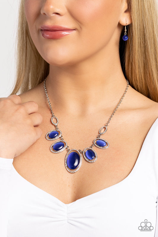 A BEAM Come True - Blue Cat's Eye Stones/White Rhinestone Frames Paparazzi Necklace & matching earrings