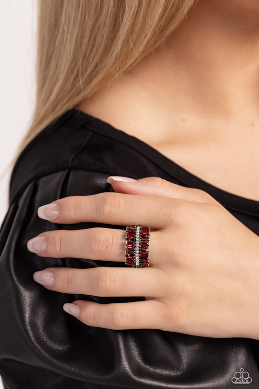 Staggering Stacks - Red Emerald-Cut Stacked Rhinestone Paparazzi Ring