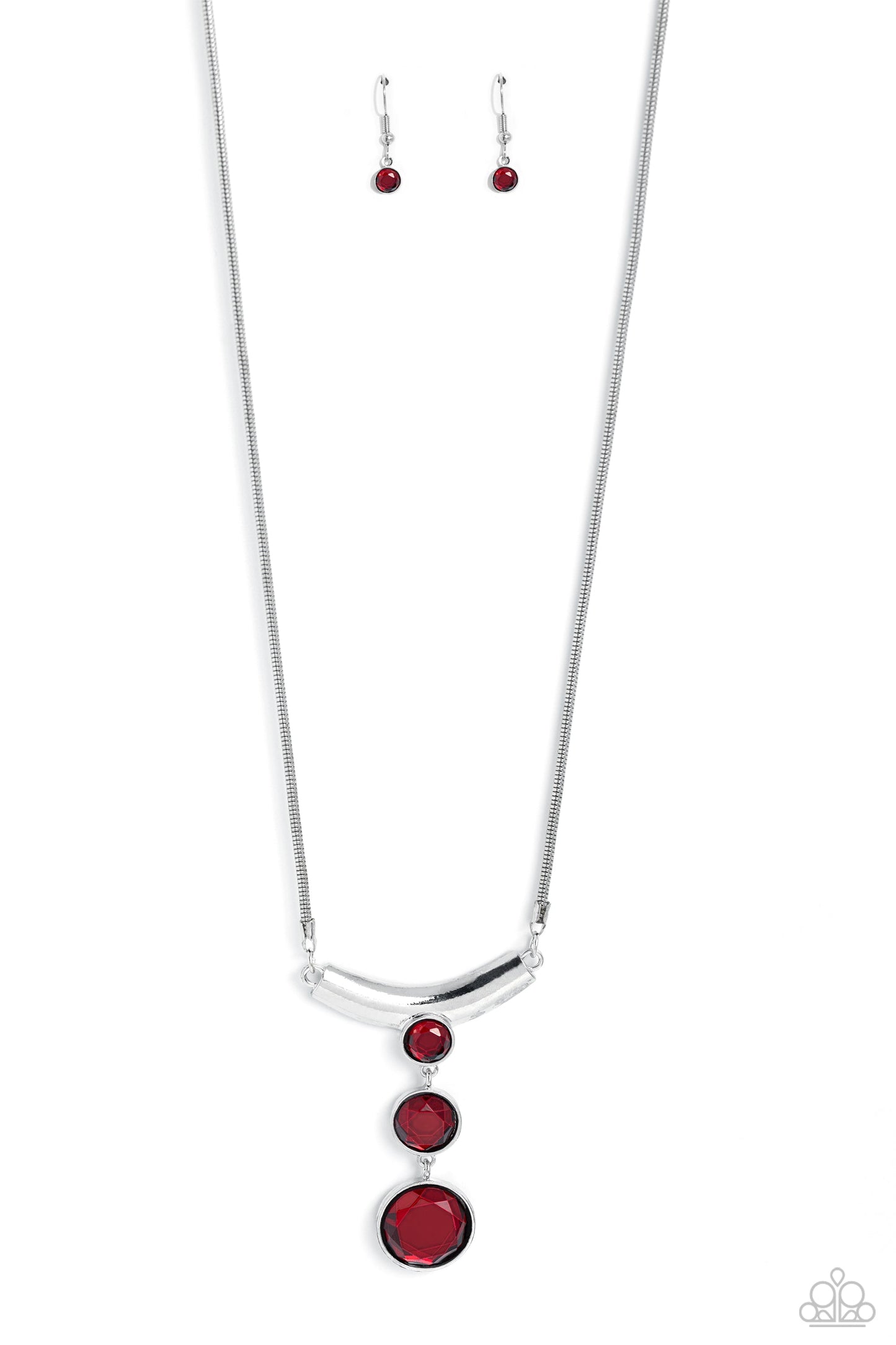 Alluring Andante - Red Gems/Bowing Silver Frame Paparazzi Necklace & matching earrings