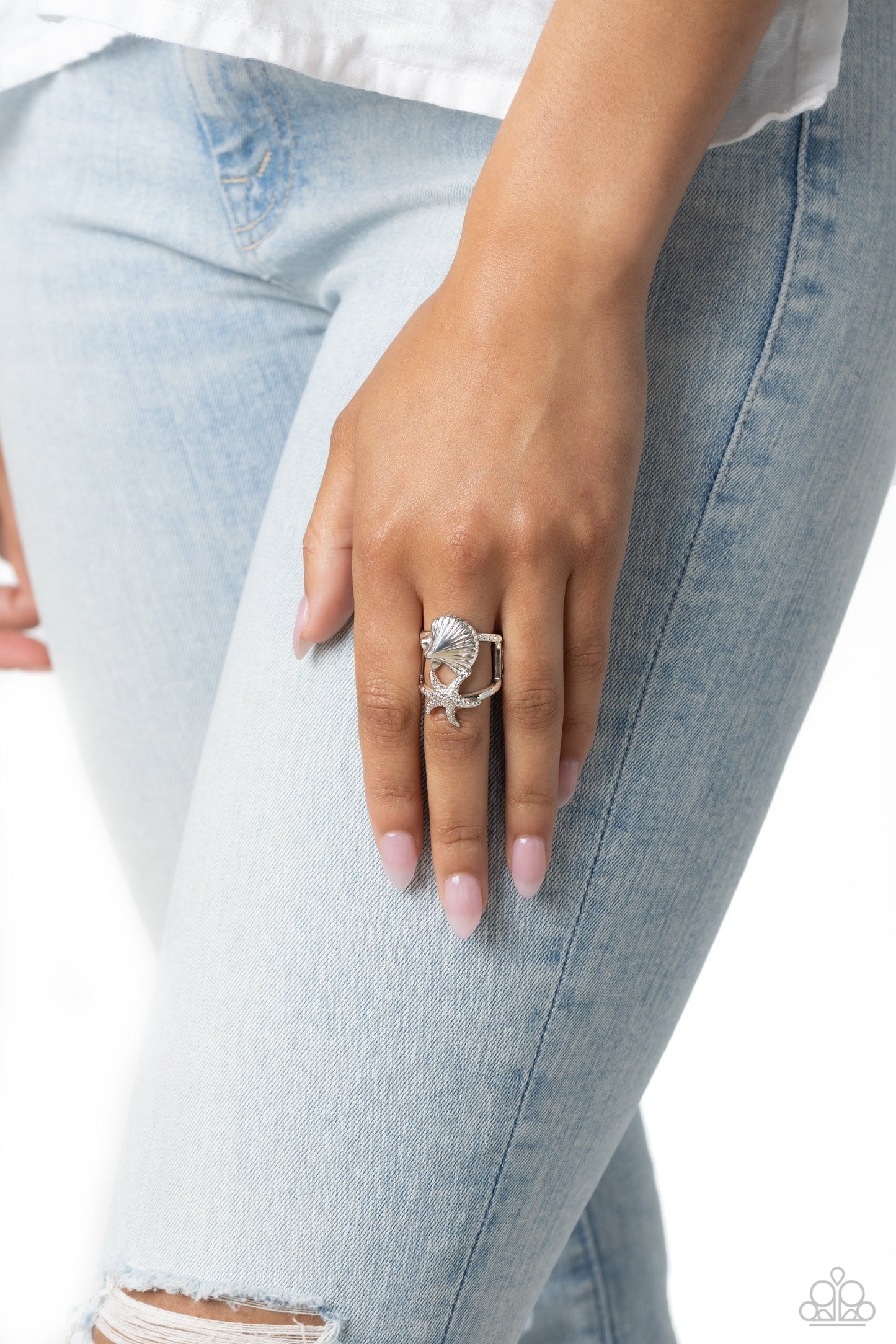 Seashell Showcase - Silver Textured Seashell/Studded Starfish Paparazzi Ring