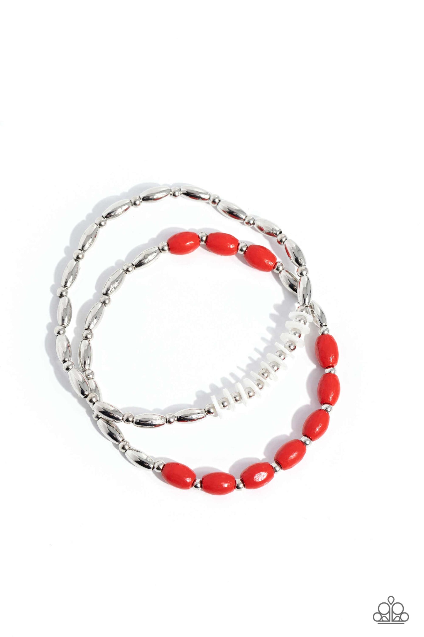 WOOD Luck - Red Wooden Beads/White Shell Discs/Silver Accents Paparazzi Stretch Bracelets