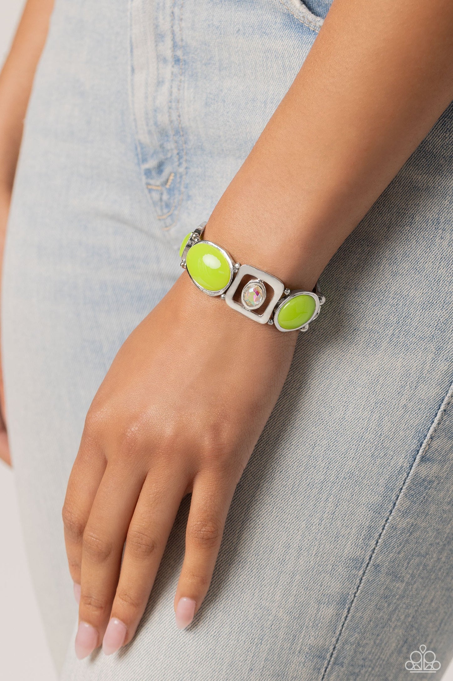 Majestic Mashup - Green Beads/Iridescent Beads/Asymmetrical Silver Square Paparazzi Stretch Bracelet