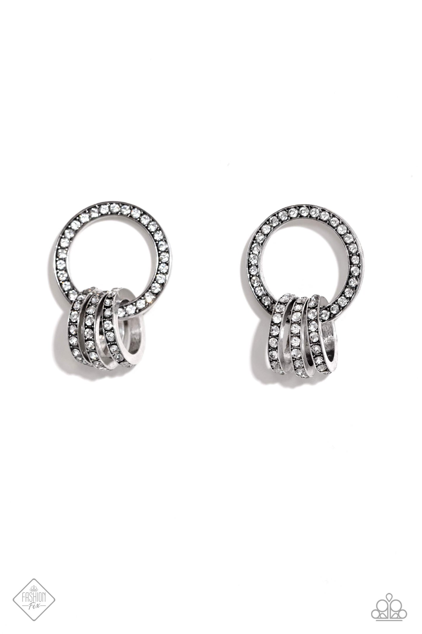 Adorned Allegiance - White Rhinestone Encrusted Interlocking Loops Paparazzi Earrings