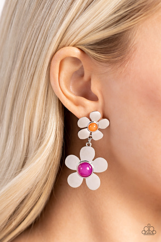 Fashionable Florals - Pink/Orange Beaded Centers/Silver Flowers Paparazzi Earrings