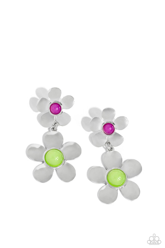 Fashionable Florals - Green & Purple Beaded Centers/Linked Silver Flowers Paparazzi Earrings