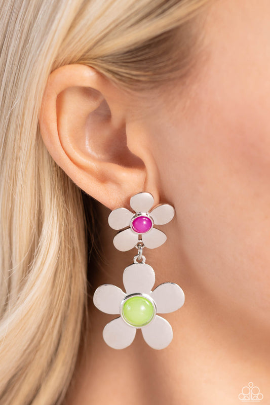 Fashionable Florals - Green & Purple Beaded Centers/Linked Silver Flowers Paparazzi Earrings