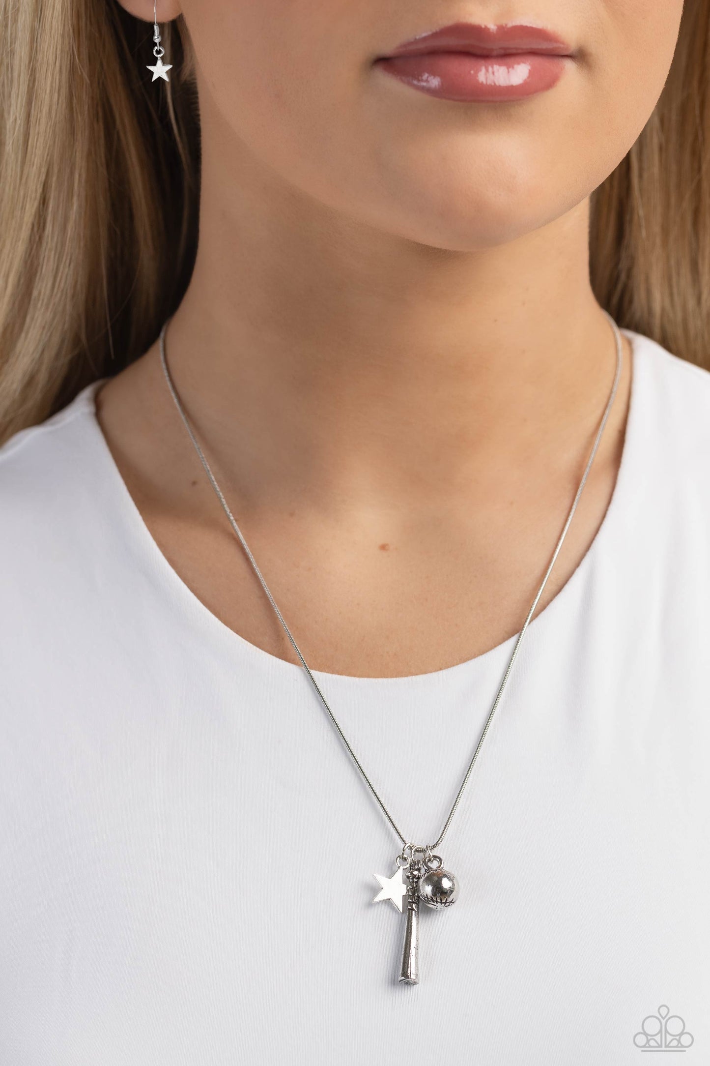 Hey Batter Batter! - Silver Baseball Inspired Charms Paparazzi Necklace & matching earrings