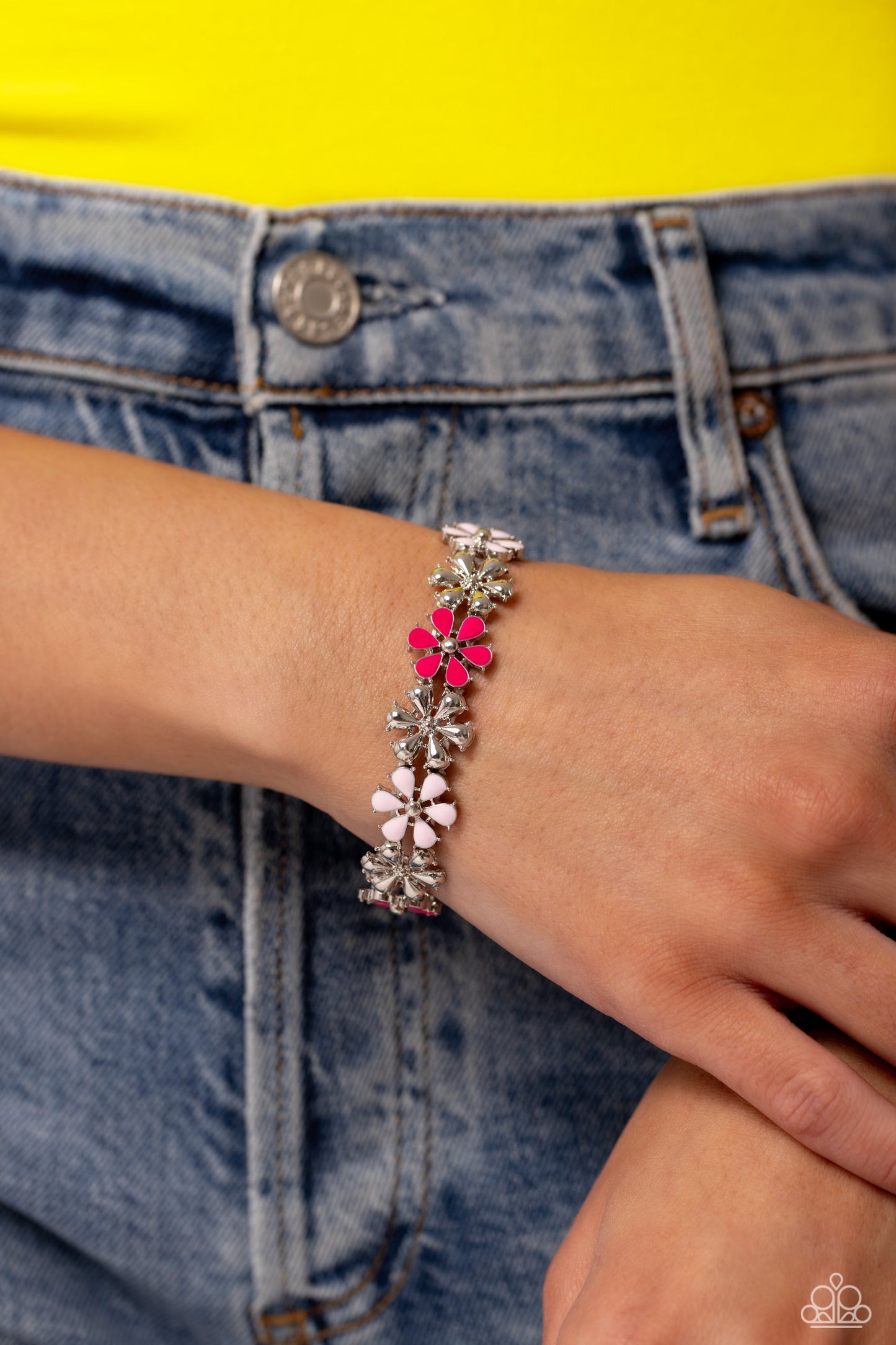 Floral Fair - Pink & Silver Flower Paparazzi Stretch Bracelet