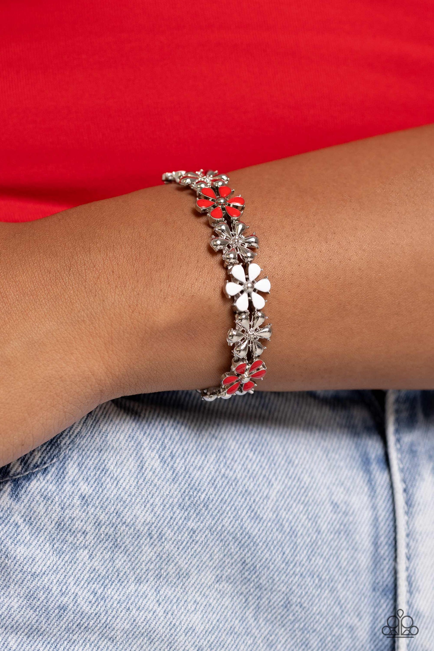 Floral Fair - Red & White Studded Flowers Paparazzi Stretch Bracelet