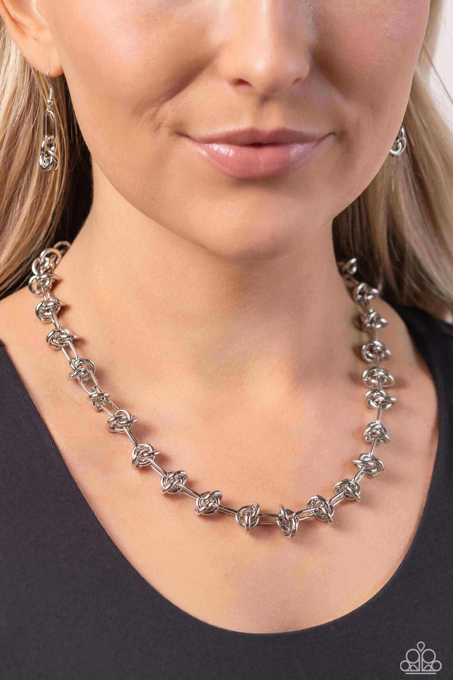 Knotted Kickoff - Silver Paperclip Chain/Silver Knots Paparazzi Necklace & matching earrings