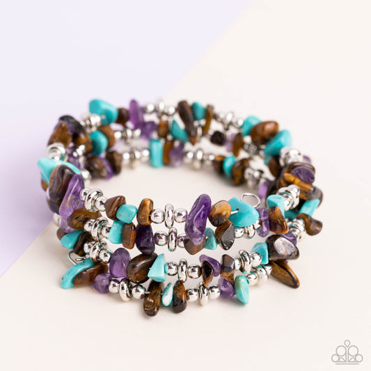 Stacking Stones - Brown Tiger's Eye, Turquoise, & Amethyst Stone Paparazzi Coil Bracelet