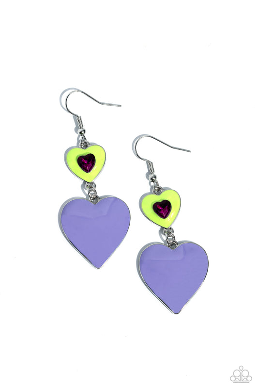 Flirting with Fashion - Green & Blue Hearts/Fuchsia Rhinestone Heart Paparazzi Earrings