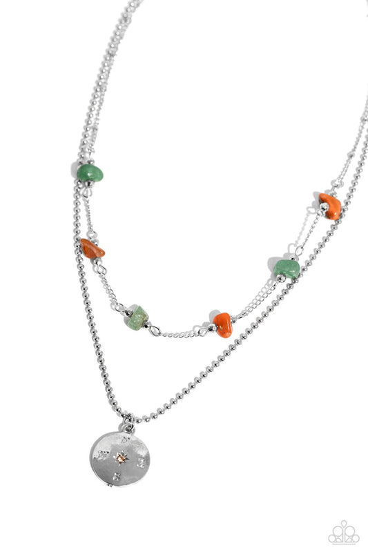 Sense of Direction - Green/Orange Stones / Compass Pendant Paparazzi Necklace & matching earrings