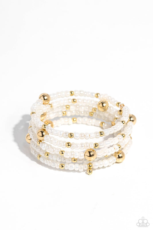 Refined Retrograde - Gold Accents/Pearly White Seed Beads Paparazzi Coil Bracelet